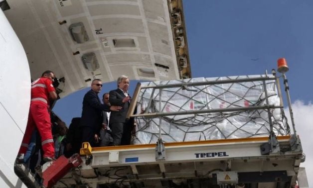 UN Chief Guterres arrives at Al-Arish Int'l Airport and checks on the humanitarian aid that are ready to be delivered for Gaza- 
