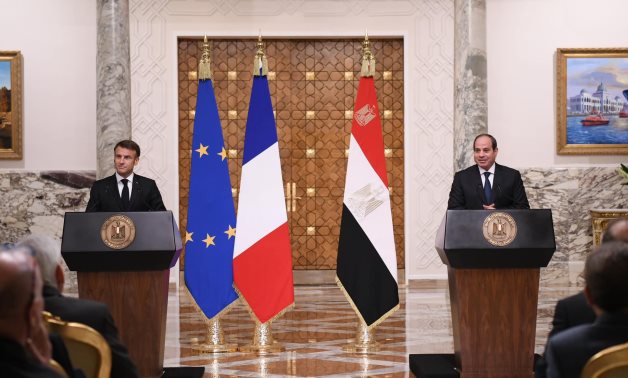 Egypt's President Abdel Fattah El-Sisi speaks in a press conference with his French counterpart, Emmanuel Macron, in a press conference in Cairo, 25 October 2023 - Egyptian Presidency