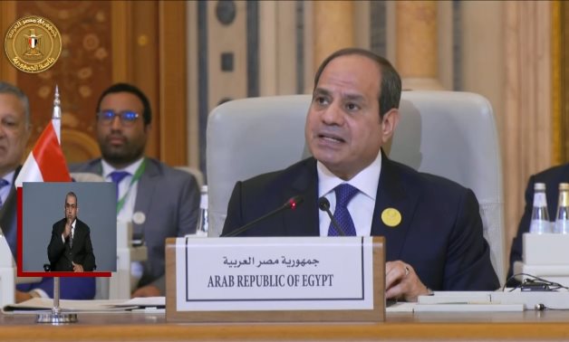 Egypt’s President Abdel Fattah El-Sisi delivers a speech at the Joint Arab-Islamic Extraordinary Summit held in Riyadh on Saturday