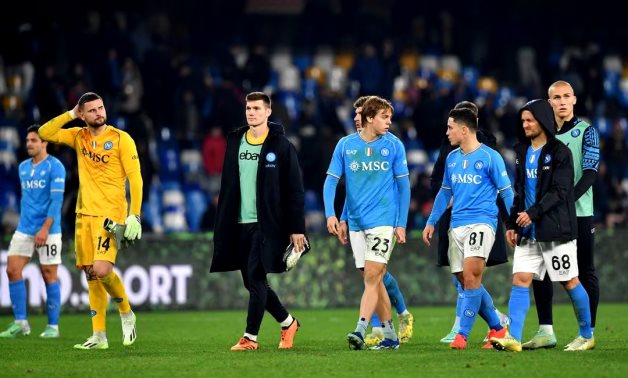 Napoli's Nikita Contini, Alessio Zerbin, Giacomo Raspadori and Stanislav Lobotka react after the match REUTERS/Jennifer Lorenzini