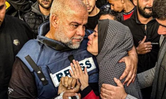 Al Jazeera Correspondent Wael Al Dahdouh and his daughter are bidding farewell his son, Hamza, who was killed by Israel in Khan Younis on Sunday, January 7, 2024- photo from Palestinian journalists in Gaza.