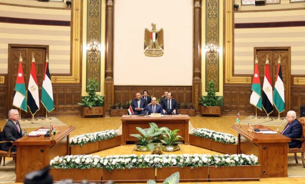 FILE - Egypt’s President Abdel Fattah El-Sisi, Jordan’s King Abdullah II and Palestinian President Mahmoud Abbas hold trilateral summit in January 2023. Egyptian Presidency