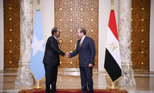 Egypt’s President Abdel Fattah El-Sisi shakes hands with his Somali counterpart, Hassan Sheikh Mohamud, who visited Cairo on 21 January 2024 – Egyptian Presidency
