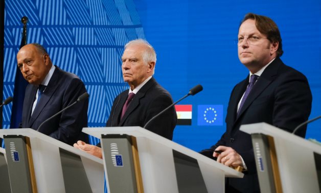 Egypt's foreign minister Sameh Shoukry, EU foreign policy chief Josep Borrell, and EU neighbourhood commissioner Oliver Varhelyi - EU