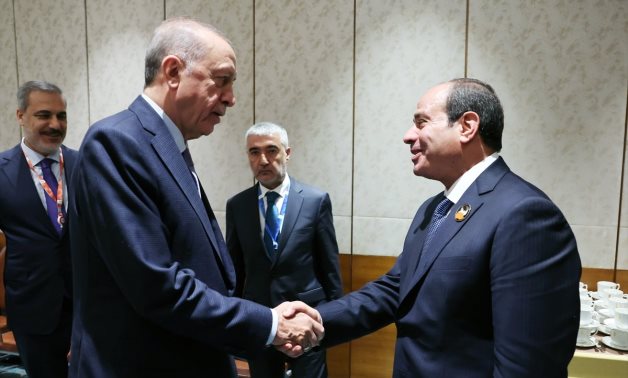 Egyptian President Abdel-Fattah El-Sisi and Turkish President Recep Tayyip Erdogan meet on the sidelines of the G20 Summit in India in September 2023 - Egyptian Presidency