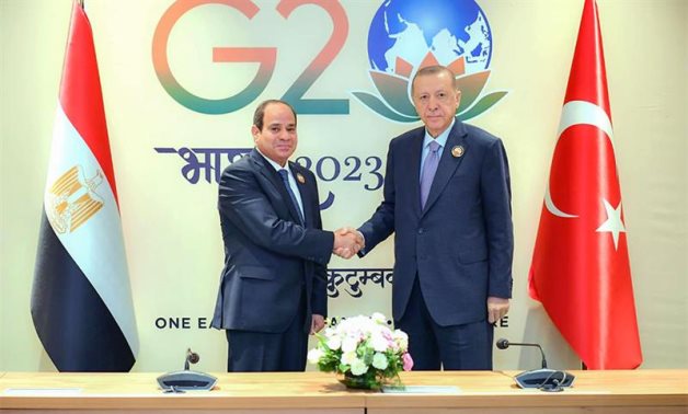 Egyptian President Abdel-Fattah El-Sisi and Turkish President Recep Tayyip Erdogan meet on the sidelines of the G20 Summit in India in September 2023 - Egyptian Presidency