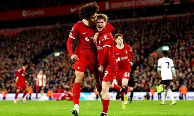 Liverpool's Harvey Elliott celebrates scoring their fourth goal with Jayden Danns REUTERS/Molly Darlington