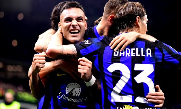 Inter Milan's Lautaro Martinez celebrates scoring their second goal with teammates REUTERS/Daniele Mascolo