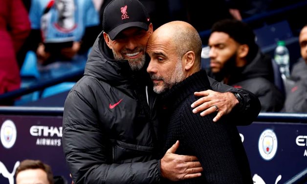 Manchester City manager Pep Guardiola with Liverpool manager Juergen Klopp before the match Action Images via Reuters/Jason Cairnduff/File Photo