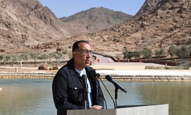 Egypt's PM Mostafa Madbouli speaks during a tour in St. Catherine to follow up on the final phase of the monumental Great Transfiguration Project - Cabinet