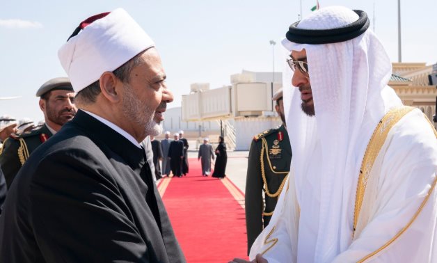 Grand Imam of Al Azhar Ahmed El Tayeb shakes hands with UAE's President Sheikh Mohamed bin Zayed - FILE/Mohamed Bin Zayed's Twitter
