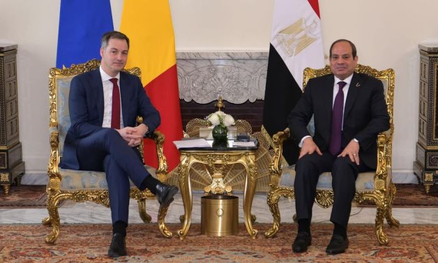 Egypt's President Abdel Fattah El-Sisi (R) receives Alexander De Croo, Belgium's Prime Minister, on the sidelines of Egypt-EU Summit taking place in Cairo, March 17, 2024 - Egyptian Presidency