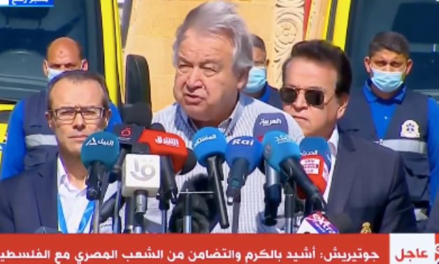 United Nations Secretary-General Antonio Guterres speaking at Egypt’s Rafah border crossing during the holy month of Ramadan, on March 23, 2024- 