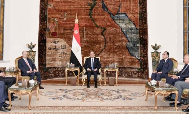 President Sisi meets with a Palestinian delegation led by the newly-appointed Prime Minister Mohamed Mustafa in Cairo on Monday- press photo
