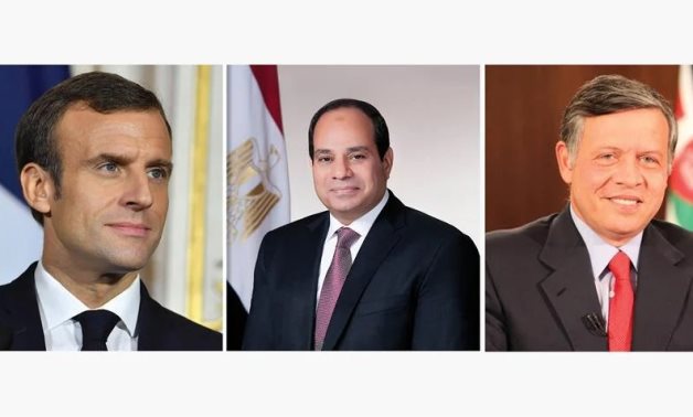 Jordanian king Abdullah II (R ), Egyptian president Abdel Fattah El Sisi (C), French president Emanuel Macron (L)- press photo