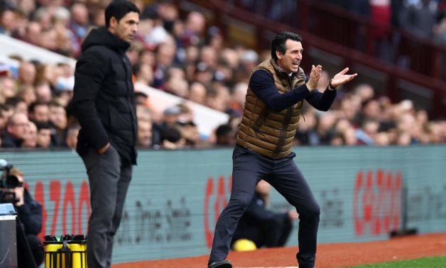 Aston Villa manager Unai Emery reacts as Arsenal manager Mikel Arteta looks on REUTERS/Hannah Mckay/File Photo