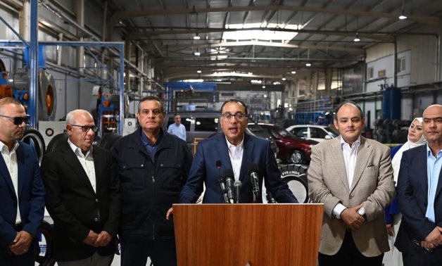 Prime Minister Moustafa Mabdouly gives a speech after an inspection tour of the Pyramids Factory for Tire Production 