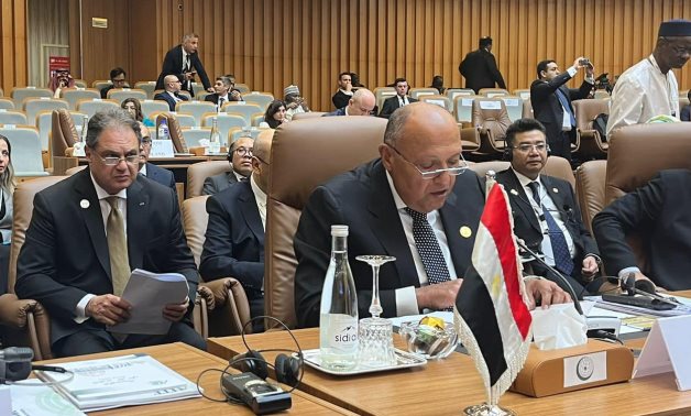 Egypt's FM Sameh Shoukry delivers a speech at the 15th summit of the Organization of Islamic Cooperation (OIC) in Banjul, Gambia - MFA