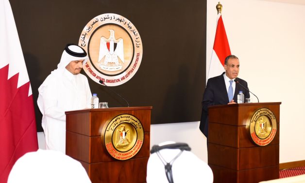 FILE – Egypt’s FM Badr Abdelatty and his Qatari counterpart, Sheikh Mohammed bin Abdulrahman Al Thani, meet in Cairo in Nov. 2025 – Egypt’s MFA