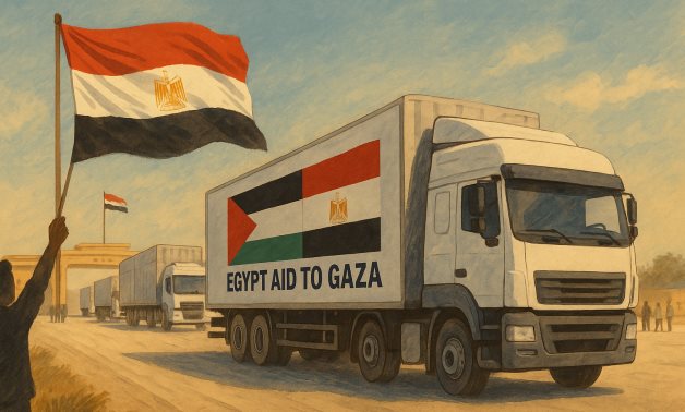 An Egyptian aid convoy crosses into Gaza through the Rafah border, delivering critical supplies amid ongoing humanitarian crisis - Illustrated by Egypt Today