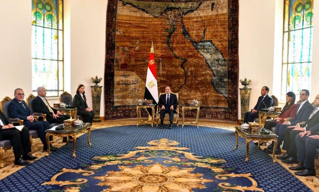 Egyptian President Abdel Fattah El-Sisi receives Tunisia’s PM Sara Zaafarani in Cairo in the presence of Egypt’s PM Mostafa Madbouly and the two countries’ delegations. - Presidency