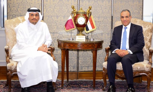 FILE - Egypt's Foreign Minister Badr Abdelatty welcomes Qatari Prime Minister and Foreign Minister Sheikh Mohammed bin Abdulrahman Al Thani - Egypt's MFA