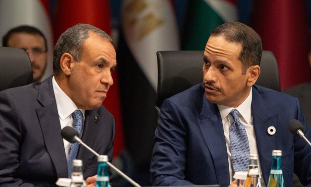 FILE - Egyptian FM Badr Abdelatty and Qatari PM Mohammed bin Abdulrahman Al Thani meet during an expanded meeting of the Arab-Islamic Ministerial Committee on Gaza, in Antalya, Turkey - Egypt's MFA