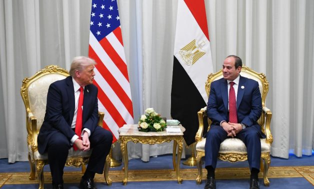 File- President Sisi with US president Donald Trump at Sharm El Sheikh  after holding the Sharm El Sheikh Summit on ending war in Gaza on October 13, 2025- press photo