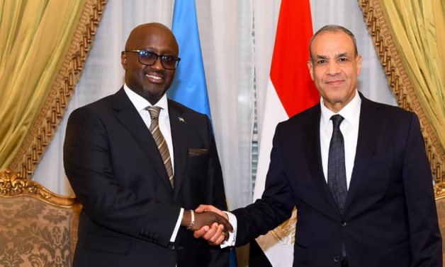 Egyptian Foreign Minister Badr Abdelatty shakes hands with Chairperson of the African Union (AU) Commission Mahmoud Ali Youssef in Cairo, on November 1, 2025- press photo
