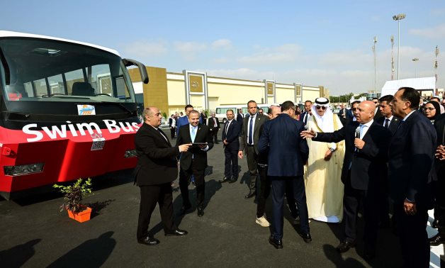 Prime Minister Mostafa Madbouly inspects the first amphibious bus agreed to be manufactured locally in Egypt, alongside other locally produced transport models. Cabinet