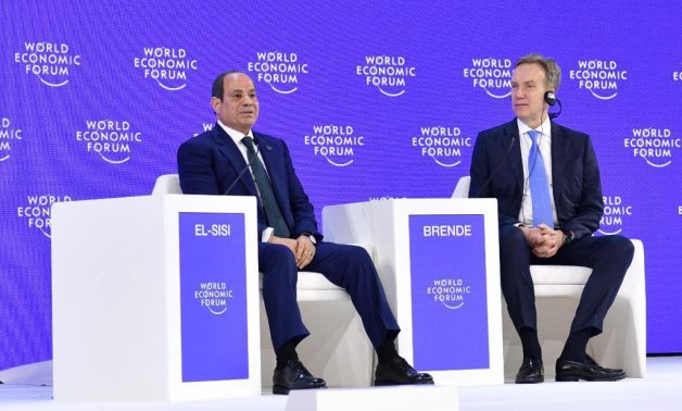 Egyptian President Abdel Fattah El-Sisi speaks during a special dialogue session at the World Economic Forum in Davos, Switzerland, 21 Jan. 2026. Presidency