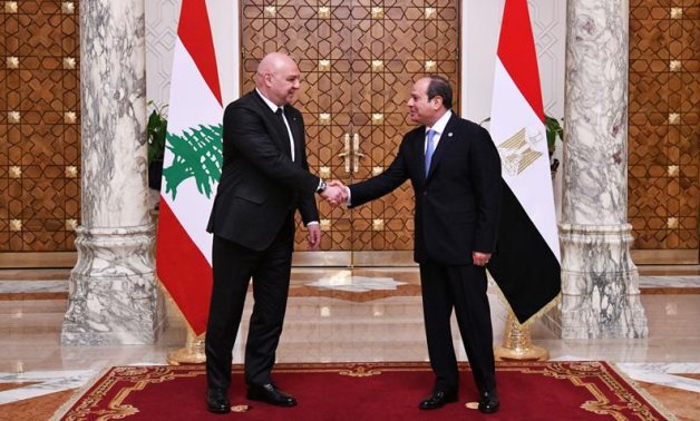 FILE - Egyptian President Abdel Fattah El-Sisi welcomes Lebanese President Joseph Aoun in May 2025. Egyptian Presidency