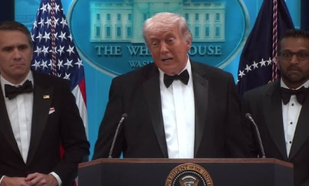 US President Donald Trump speaks at a White House press conference after a shooting incident near the White House Correspondents' Association dinner. White House