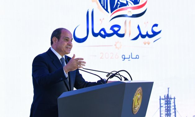 President Abdel Fattah El-Sisi delivers a speech during the Labor Day Labor Day celebration at the HQ of the National Egyptian Railway Industries Company (NERIC) in the Suez Canal Economic Zone. Presidency