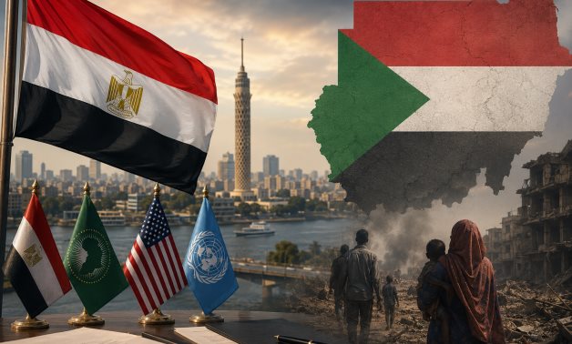 A visual illustration highlighting Egypt’s diplomatic engagement and the ongoing humanitarian crisis in Sudan.