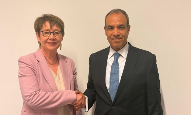 Egypt's FM Badr Abdelatty meets with Odile Renaud Basso, President of the European Bank for Reconstruction and Development (EBRD) on the sidelines of EBRD’s 35th Annual Meeting in Riga, Latvia. Cabinet