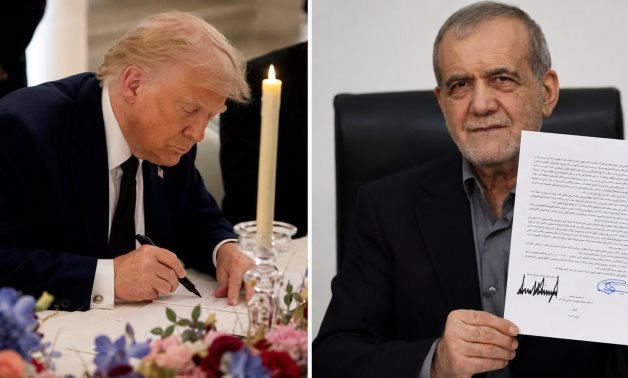 Composite image shows President Trump signing a hard copy of the MoU during a state dinner hosted by President Macron in Versailles, while Iranian President Pezeshkian remotely signs the deal in Tehran