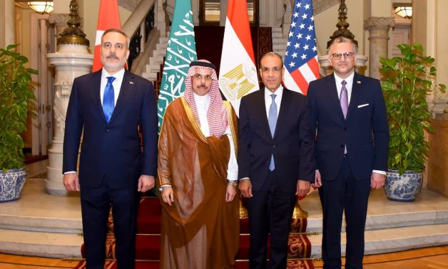 From left, Turkish FM Hakan Fidan, Saudi FM Faisal bin Farhan, Egypt’s FM Badr Abdelatty, and US President’s Senior Advisor for Arab and African Affairs Massad Boulos hold talks in Cairo, 20 June. Cabinet
