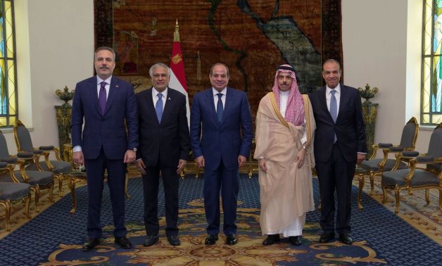 President Abdel Fattah El-Sisi receives Pakistani Deputy PM and FM Mohammad Ishaq Dar, Saudi FM Prince Faisal bin Farhan, Turkish FM Hakan Fidan and Egyptian FM Badr Abdelatty in Cairo, 21 June 2026. Presidency