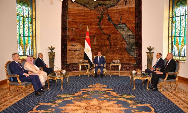 President Abdel Fattah El-Sisi receives Pakistani Deputy PM and FM Mohammad Ishaq Dar, Saudi FM Prince Faisal bin Farhan, Turkish FM Hakan Fidan and Egyptian FM Badr Abdelatty in Cairo, 21 June 2026. Presidency
