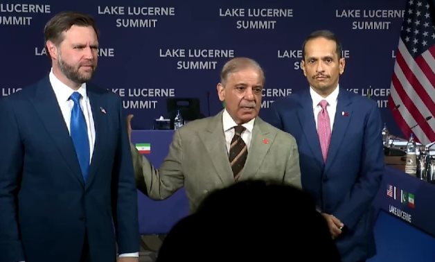 Pakistani PM Shehbaz Sharif speaking next to US Vice President JD Vance and Qatar’s PM Sheikh Mohammed bin Abdulrahman Al-Thani at the Bürgenstock resort, Switzerland, 21 June. White House/Still image