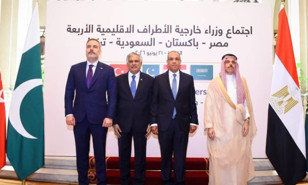 Foreign Minister of Egypt Badr Abdelatty, Saudi Foreign Minister Faisal bin Farhan, Turkish Foreign Minister Hakan Fidan, and Pakistani Foreign Minister Muhammad Ishaq Dar pose for a photo -press photo