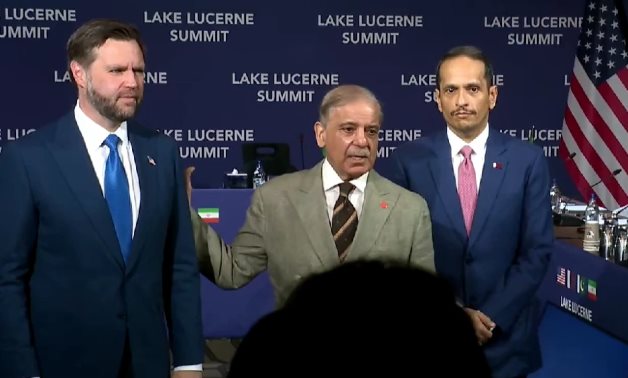 Pakistani PM Shehbaz Sharif speaking next to US Vice President JD Vance and Qatar’s PM Sheikh Mohammed bin Abdulrahman Al-Thani at the Bürgenstock resort, Switzerland, 21 June. White House/Still image