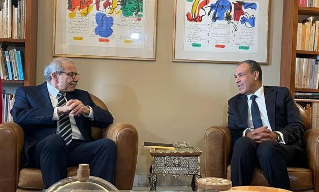 A file photo of a meeting between Egypt's Foreign Minister Badr Abdelatty (R) and Lebanese Prime Minister Nawaf Salam. Egyptian Cabinet