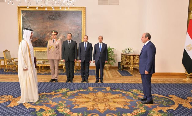 President El-Sisi receives credentials of Qatari Amb to Egypt Sheikh Jassim bin Abdul Rahman Al Thani, during a ceremony in which 17 newly accredited ambassadors presented their credentials, 1 July. Presidency