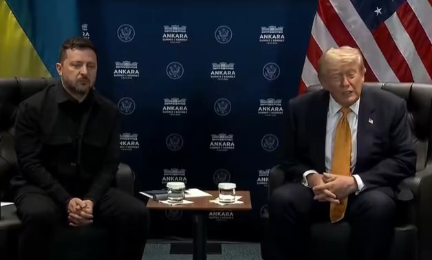 US President Donald Trump speaks to reporters on the sidelines of the NATO summit in Turkey alongside Ukrainian President Volodymyr Zelenskyy. White House/Still image