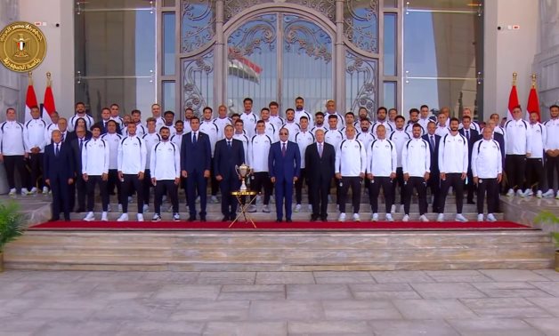 President Abdel Fattah El Sisi and the Egyptian national football team, along with the technical and administrative staff pose for a photo in city of Alamein, on July 11, 2026- press photo