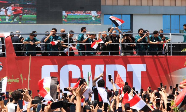 Egypt's national football team rides through New Alamein aboard an open-top bus as thousands of fans gather to celebrate the Pharaohs' historic 2026 FIFA World Cup campaign.