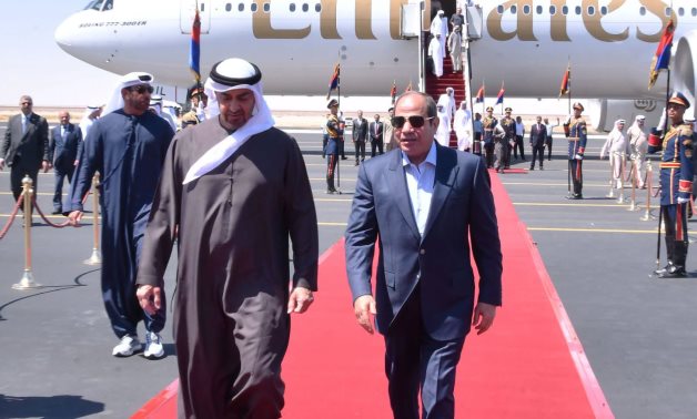 President Abdel Fattah El-Sisi welcomes UAE President Sheikh Mohamed bin Zayed Al Nahyan upon his arrival at Alamein Airport. Presidency