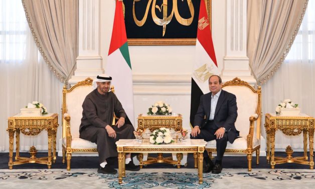 President Abdel Fattah El-Sisi welcomes UAE President Sheikh Mohamed bin Zayed Al Nahyan upon his arrival at Alamein Airport. Presidency